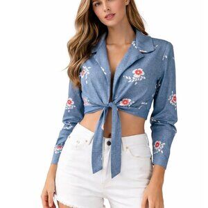 Vintage Sears 70'stop cropped front tie blue floral print long sleeve blouse